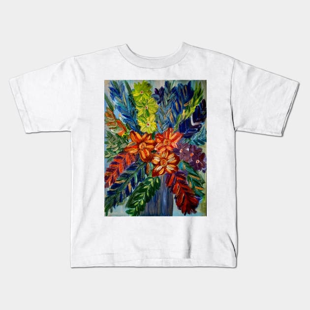 abstract mixed flowers in metallic blue vase Kids T-Shirt by kkartwork